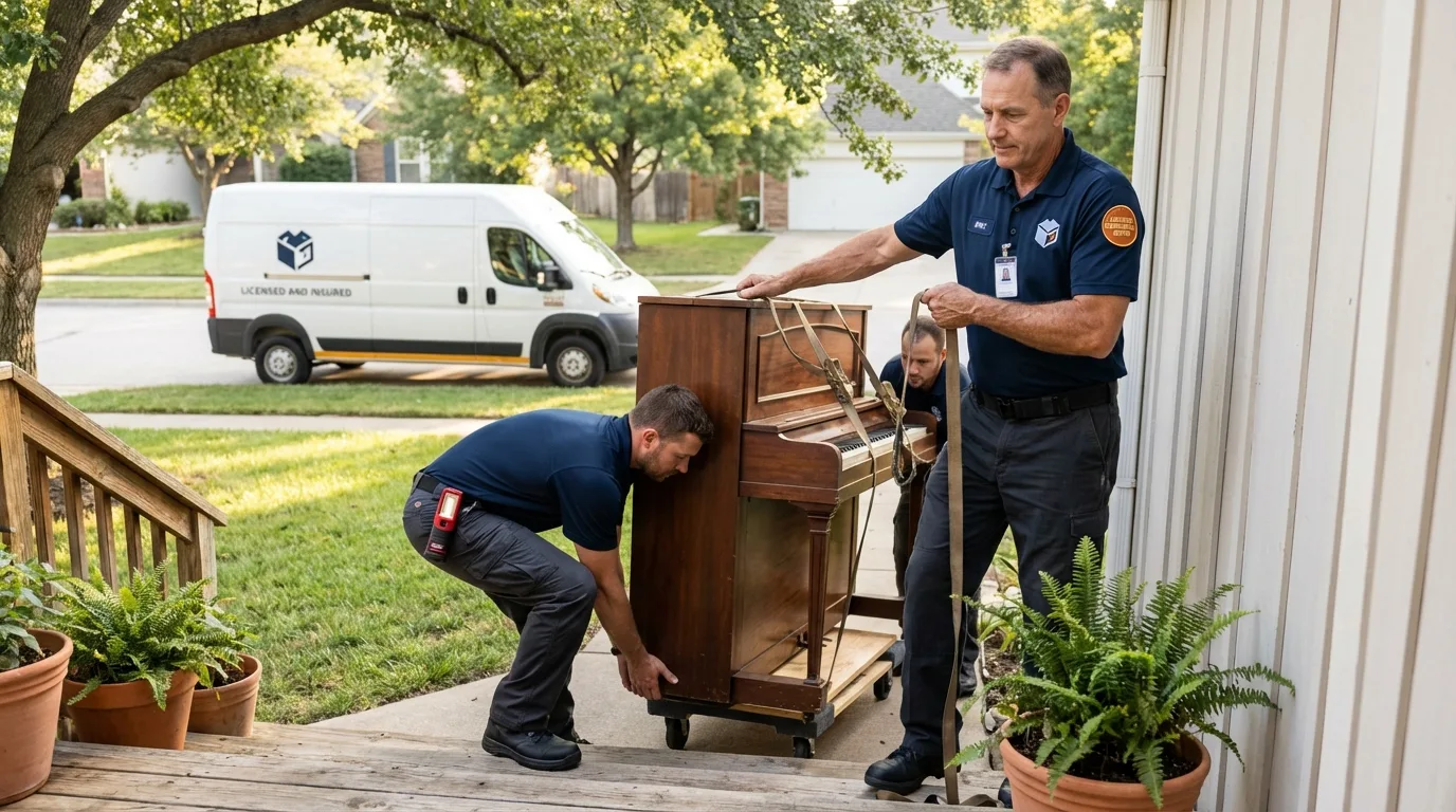 Licensed piano movers securing grand piano in Wallace, NC