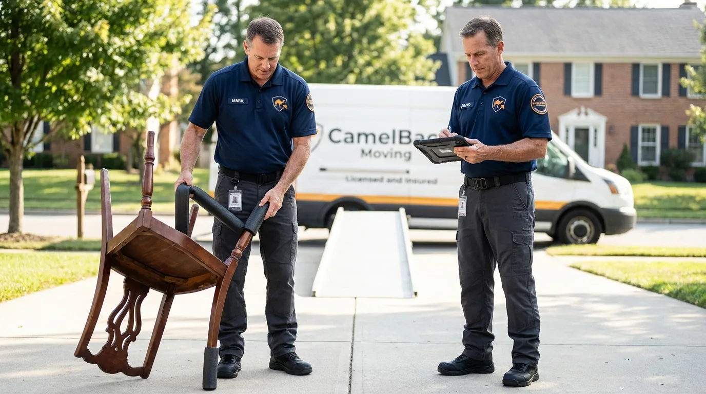 Movers inspecting furniture for damage prevention before loading in Wallace, NC